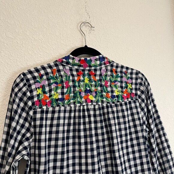 Intro Navy Blue White Gingham Floral Embroidered Button Up 3/4 Sleeve Top Sz PL - Picture 5 of 10